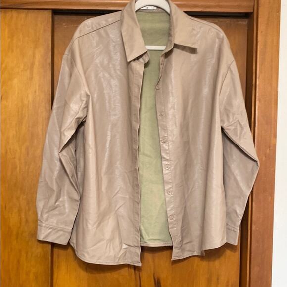 Pink and Tan Faux Leather Jacket with Classic Collar and Relaxed Fit - Picture 1 of 5